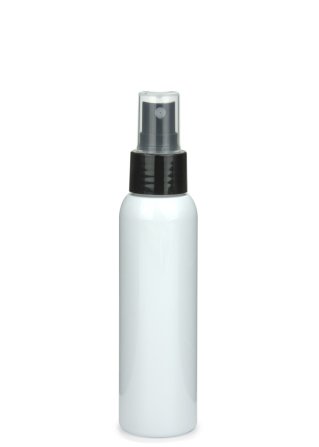 100 ml R-PET-Flasche weiß, Ø 37,1 mm, Sprühzerstäuber schwarz, glatt