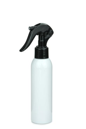 100 ml R-PET-Flasche weiß, Ø 37,1 mm, Mini-Trigger-Sprühzerstäuber schwarz, glatt