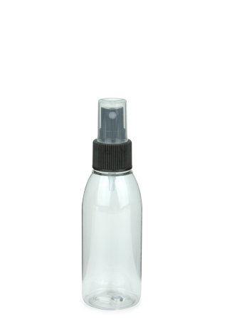 100 ml PET-Flasche transparent, Ø 41,9 mm, Sprühzerstäuber schwarz, geriffelt