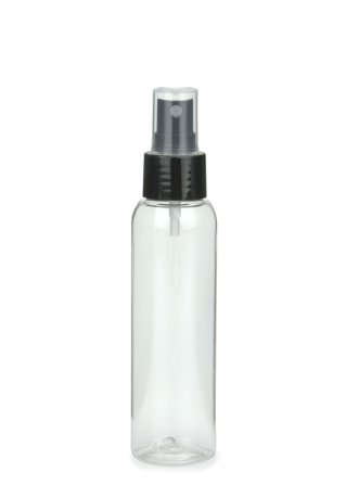 100 ml PET-Flasche transparent, Ø 37,1 mm, Sprühzerstäuber schwarz, glatt