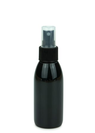 100 ml PET-Flasche schwarz, Ø 41,9 mm, Sprühzerstäuber schwarz, geriffelt