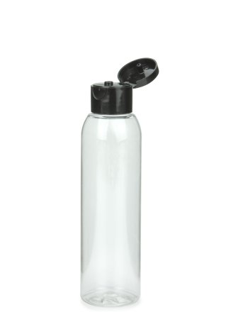 125 ml PET-Flasche transparent, Ø 39,5 mm, Klappverschluss schwarz