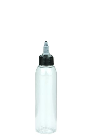 125 ml PET-Dosierflasche transparent, Ø 37,1 mm, On/Off-Verschluss (schwarz/transparent)