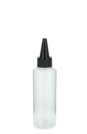 125 ml PETG-Dosierflasche transparent, Ø 41,5 mm, Schraubkappe schwarz