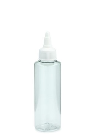 125 ml PETG-Dosierflasche transparent, Ø 41,5 mm, On/Off-Verschluss weiß
