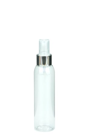 125 ml PET-Flasche transparent, Ø 39,5 mm, Sprühzerstäuber, Luxury-Ausführung natur/Metall
