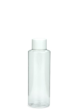 125 ml PETG-Flasche transparent, Ø 41,5 mm, Schraubverschluss mit Spritzeinsatz weiß