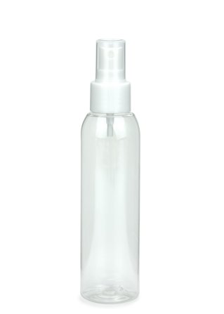 125 ml PET-Flasche transparent, Ø 39,5 mm, Sprühzerstäuber weiß, glatt