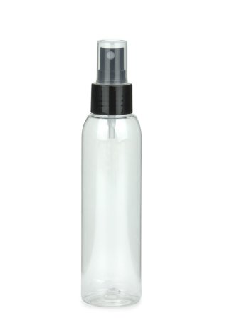 125 ml PET-Flasche transparent, Ø 39,5 mm, Sprühzerstäuber schwarz, glatt