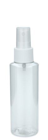 125 ml PETG-Flasche transparent, Ø 41,5 mm, Sprühzerstäuber weiß, geriffelt
