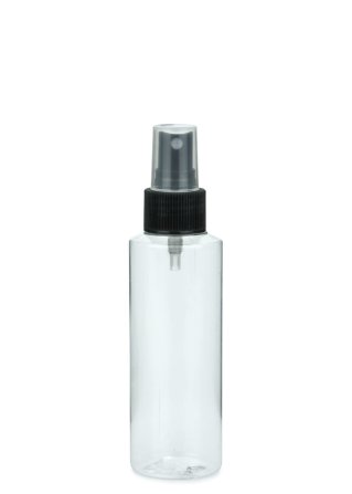 125 ml PETG-Flasche transparent, Ø 41,5 mm, Sprühzerstäuber schwarz, geriffelt