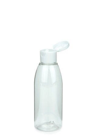 150 ml R-PET-Flasche transparent, Ø 46,2 mm, Klappverschluss weiß