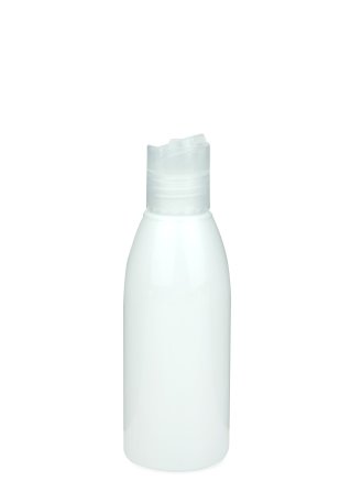 150 ml R-PET-Flasche weiß, Ø 46,2 mm, Disc-Top-Verschluss transparent