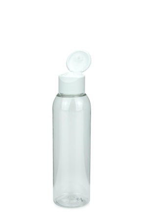 150 ml R-PET-Flasche transparent, Ø 42,2 mm, Klappverschluss, Softline matt weiß