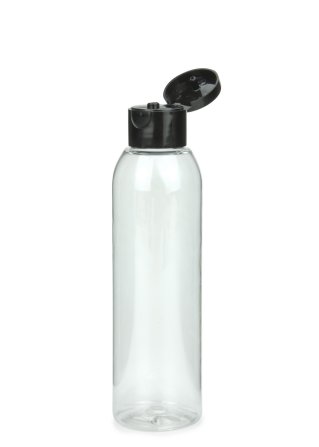 150 ml R-PET-Flasche transparent, Ø 42,2 mm, Klappverschluss schwarz