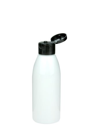 150 ml PET-Flasche weiß, Ø 46,2 mm, Klappverschluss schwarz