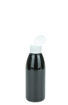 150 ml PET-Flasche schwarz, Ø 46,2 mm, Klappverschluss, Softline matt weiß