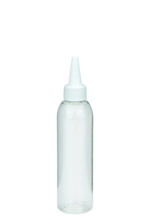 150 ml R-PET-Dosierflasche transparent, Ø 42,2 mm, Schraubkappe weiß