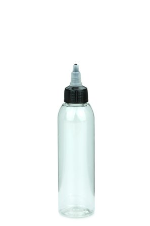 150 ml R-PET-Dosierflasche transparent, Ø 42,2 mm, On/Off-Verschluss (schwarz/transparent)