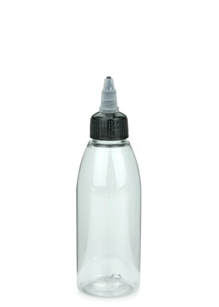 150 ml PET-Dosierflasche transparent, Ø 46,2 mm, On/Off-Verschluss (schwarz/transparent)