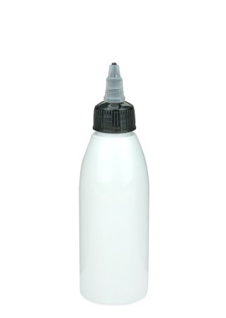 150 ml PET-Dosierflasche weiß, Ø 46,2 mm, On/Off-Verschluss (schwarz/transparent)
