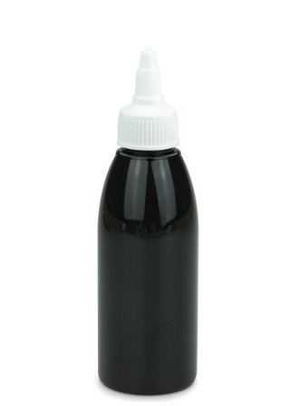 150 ml PET-Dosierflasche schwarz, Ø 46,2 mm, On/Off-Verschluss weiß