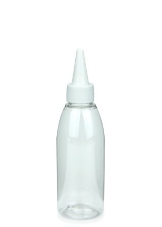 150 ml R-PET-Dosierflasche transparent, Ø 46,2 mm, Schraubkappe weiß