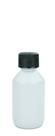 150 ml PET-Laborflasche KISI weiß, Ø 52,4 mm, Verschluss schwarz