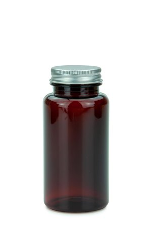 150 ml PET-Packer Schraubdose braun (38/400) – mit Aluminium-Schraubdeckel, glänzend