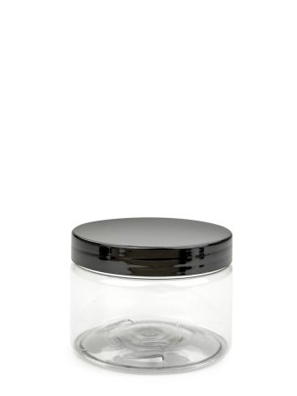 150 ml PET-Cylindrical Zylinderdose klar (70/400) – Deckel schwarz, glänzend, Induktionssiegel