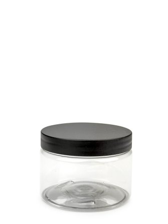 150 ml PET-Cylindrical Zylinderdose klar (70/400) – Deckel schwarz, matt, EPE-Einlage