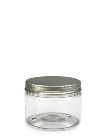 150 ml PET-Cylindrical Zylinderdose klar (70/400) – Alu-Deckel silber, glänzend, EPE-Einlage