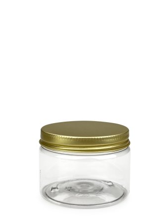 150 ml PET-Cylindrical Zylinderdose klar (70/400) – Alu-Deckel gold, matt, EPE-Einlage