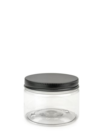 150 ml PET-Cylindrical Zylinderdose klar (70/400) – Alu-Deckel schwarz-silber, matt, EPE-Einlage