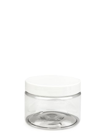 150 ml PET-Cylindrical Zylinderdose klar (70/400) – Deckel weiß, glänzend, Dichtkonus
