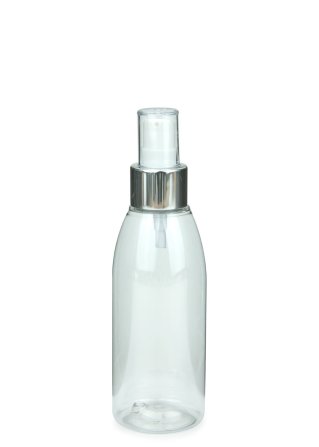 150 ml R-PET-Flasche transparent, Ø 46,2 mm, Lotionpumpe weiß/Metall