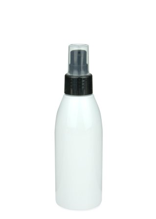150 ml R-PET-Flasche weiß, Ø 46,2 mm, Lotionpumpe schwarz