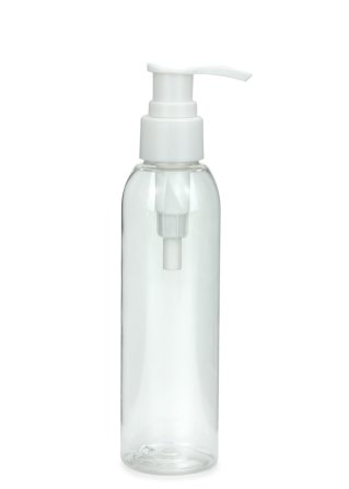150 ml R-PET-Flasche transparent, Ø 42,2 mm, Seifenpumpe weiß