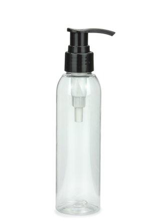 150 ml R-PET-Flasche transparent, Ø 42,2 mm, Seifenpumpe schwarz