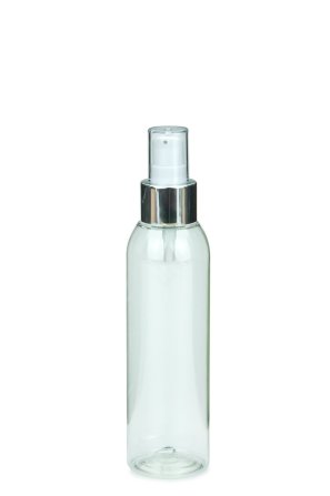 150 ml R-PET-Flasche transparent, Ø 42,2 mm, Lotionpumpe weiß/Metall