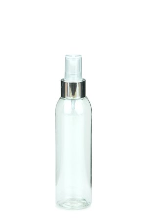 150 ml R-PET-Flasche transparent, Ø 42,2 mm, Sprühzerstäuber, Luxury-Ausführung natur/Metall