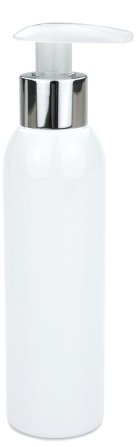 150 ml PET-Flasche weiß, Ø 42,2 mm, Seifenpumpe natur/Metall