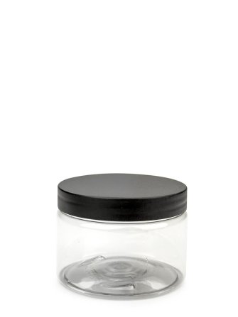 150 ml R-PET-Cylindrical Zylinderdose klar (70/400) – Deckel schwarz, matt, Dichtkonus