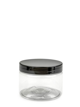 150 ml R-PET-Cylindrical Zylinderdose klar (70/400) – Deckel schwarz, glänzend, EPE-Einlage