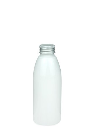 150 ml R-PET-Flasche weiß, Ø 46,2 mm, Alu-Schraubkappe weiß