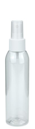 150 ml PET-Flasche transparent, Ø 42,2 mm, Sprühzerstäuber weiß, geriffelt