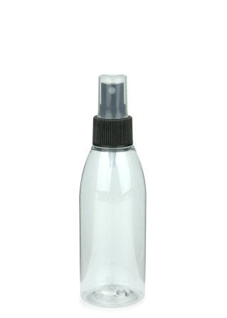 150 ml R-PET-Flasche transparent, Ø 46,2 mm, Sprühzerstäuber schwarz, geriffelt
