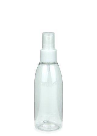 150 ml R-PET-Flasche transparent, Ø 46,2 mm, Sprühzerstäuber weiß