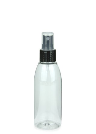 150 ml R-PET-Flasche transparent, Ø 46,2 mm, Sprühzerstäuber schwarz
