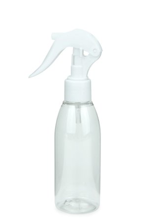 150 ml R-PET-Flasche transparent, Ø 46,2 mm, Mini-Trigger-Sprühzerstäuber weiß, glatt